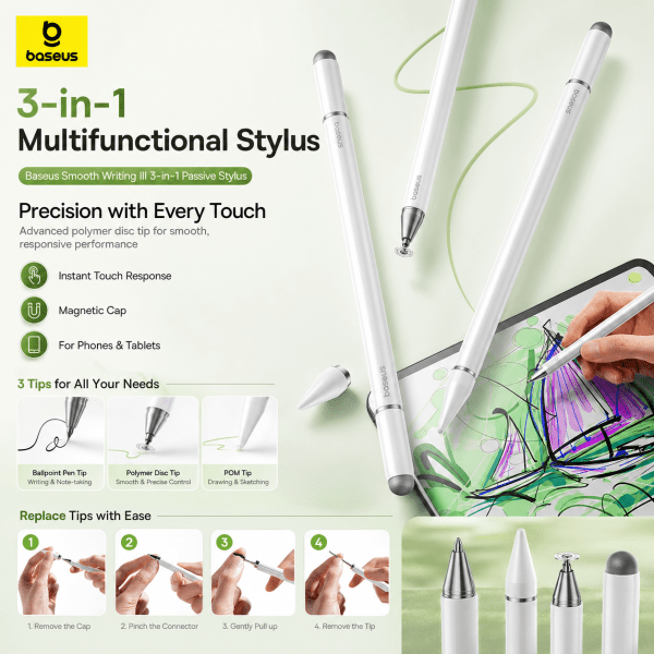 Baseus Smooth Writing III 3-in-1 Passive Stylus Pen (Non-Magnetic Version) – Moon White