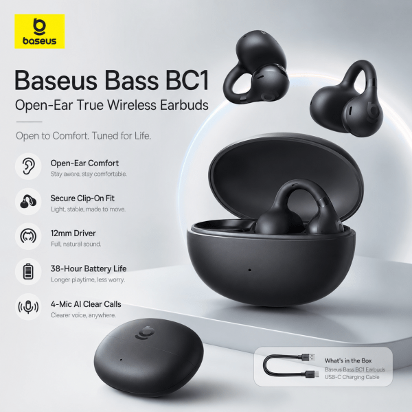 Baseus Bass BC1 Open-Ear Clip-On Wireless Earbuds – SuperBass, 4-Mic AI Call & IP55 Water Resistant