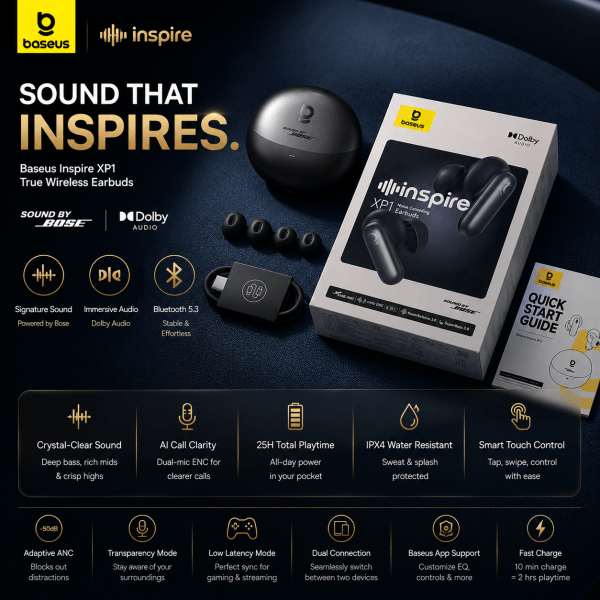 Baseus Inspire XP1 True Wireless Noise Cancelling Earbuds with Sound by Bose, Dolby Spatial Audio & 50dB ANC – Black