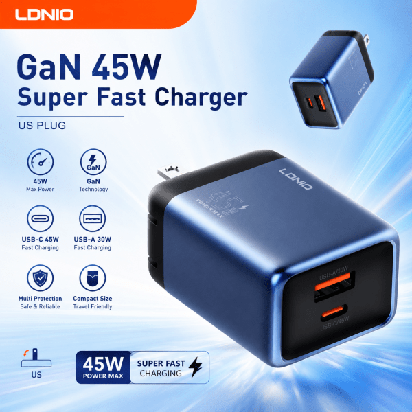 LDNIO 45W GaN Super Fast Charger with Type-C & USB-A Port – US Plug