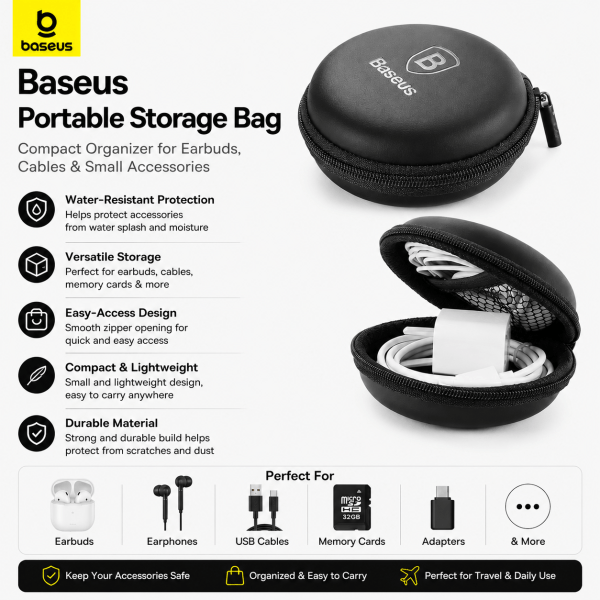 Baseus Portable Storage Bag – Compact Water-Resistant Organizer for Earbuds, Cables & Accessories