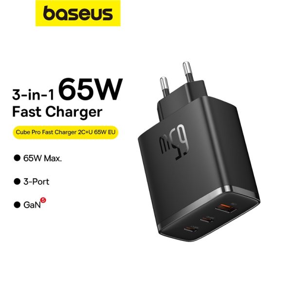 Baseus Cube Pro 65W GaN5 3-Port Fast Charger – 2C+U EU Plug Black