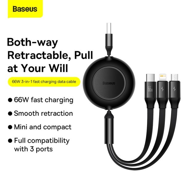Baseus Bright Mirror 2 Series Retractable 3-in-1 USB-C Cable – Type-C, Lightning & Micro USB, 100W 1.1 Meter