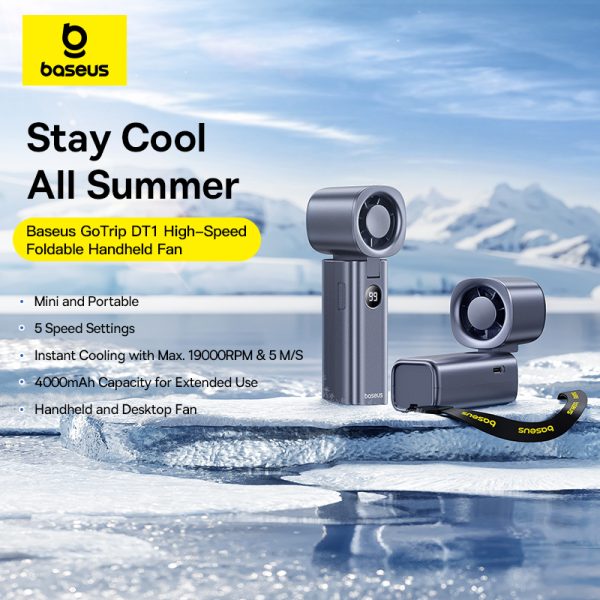 Baseus GoTrip DT1 Mini Turbo Foldable Handheld Fan – 19000 RPM, 4000mAh & 5-Speed Cooling