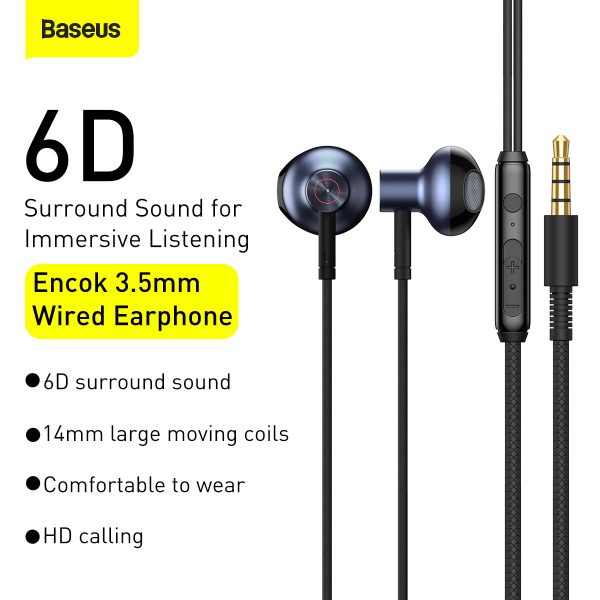 Baseus Encok H19 3.5mm Wired Earphones – 6D Surround Sound, 14mm Driver & Clear Mic