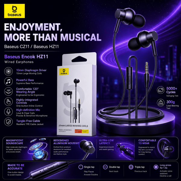 Baseus Encok HZ11 3.5mm Wired Earphone Black – In-Ear Headset with Mic, Built-in Controls, 10mm Dynamic Driver & Wide Compatibility