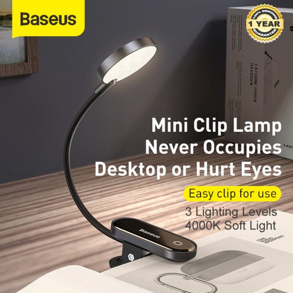 Baseus Mini Clip Lamp – 3-Level Brightness, 360° Flexible Reading Light with Type-C Rechargeable Battery