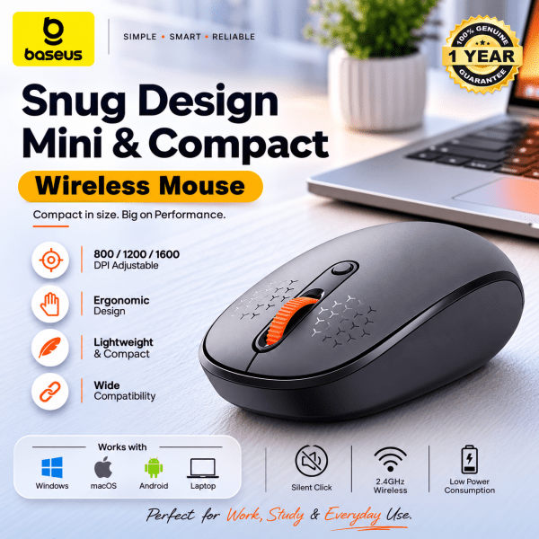 Baseus F01B Tri-Mode Wireless Mouse – 2.4G Wireless + Bluetooth 5.0/3.0, 1600 DPI, Black