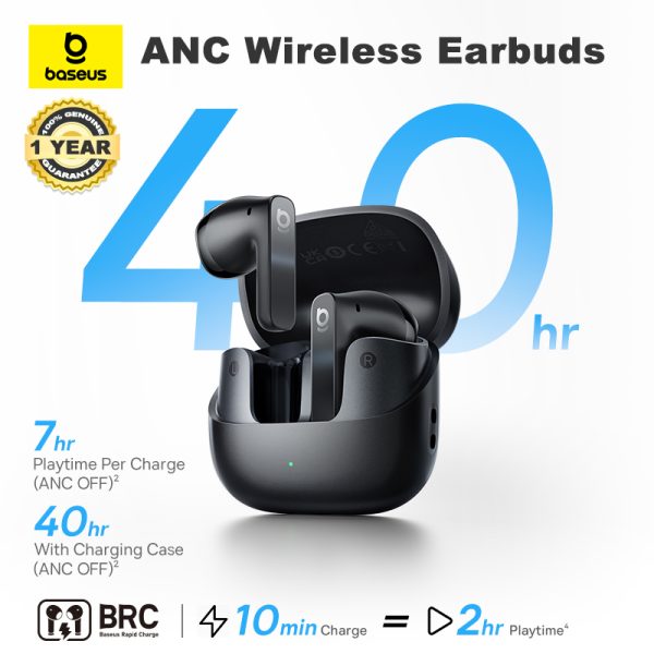 Baseus Bass BS1 NC Wireless Earbuds – ANC Noise Cancelling, Hi-Res Sound & 40H Battery