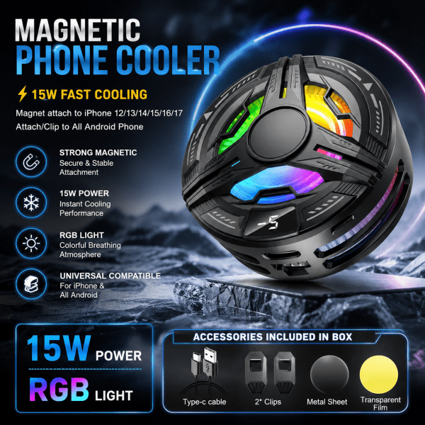 Mobilife Magnetic Phone Cooler for Gaming – 15W Semiconductor Cooling Fan, 3 Wind Speed, Digital Temperature Display, RGB Light – Black