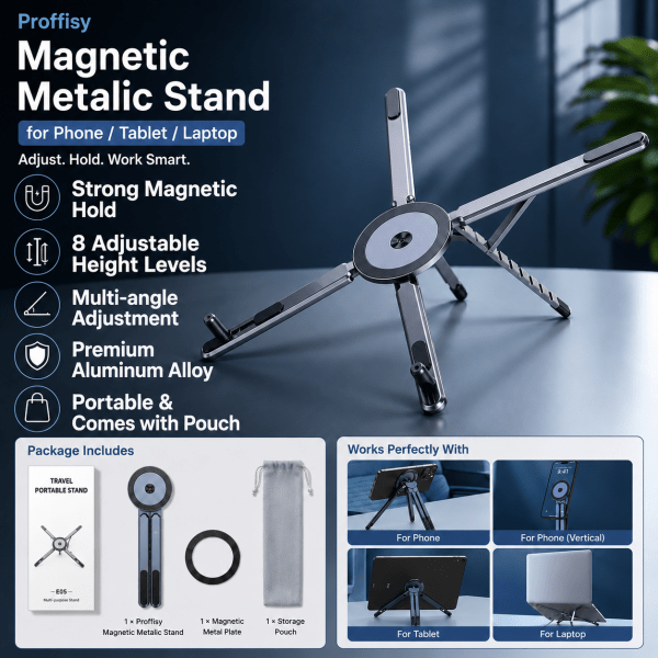 Magnetic 4-Leg Aluminum Desktop Stand for Phone, Tablet & Laptop – 8-Level Height & Multi-Angle Adjustable