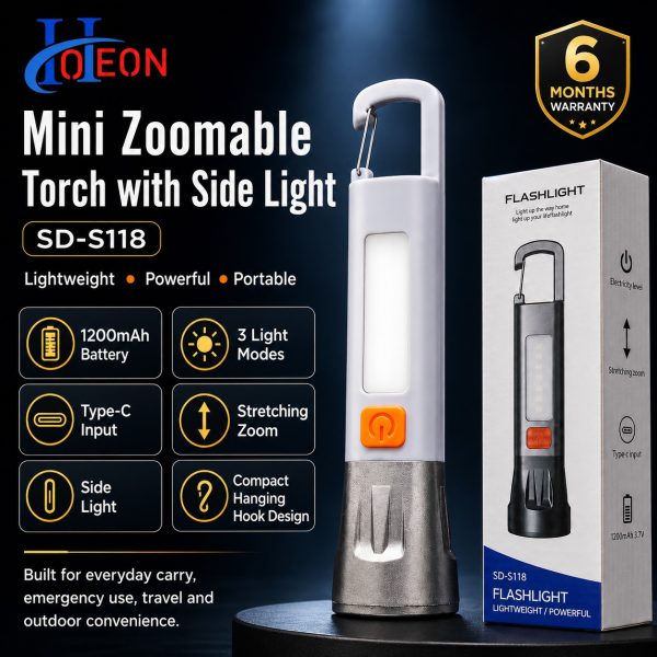 Hoteon Zoomable LED Flashlight Torch 350LM – 1200mAh Rechargeable Mini Torch Light with Side Light & Buckle