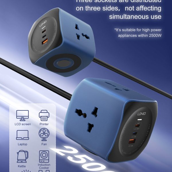 LDNIO 65W Fast Charging Extension Socket with 3 AC Outlets, 1 USB & 2 Type-C Ports, 2M Cord – EU Plug