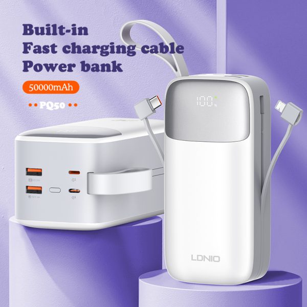 LDNIO 50000mAh Large Capacity Power Bank with Built-in Type-C & Lightning Cables, 22.5W Fast Charging, LED Display & Dual USB Ports