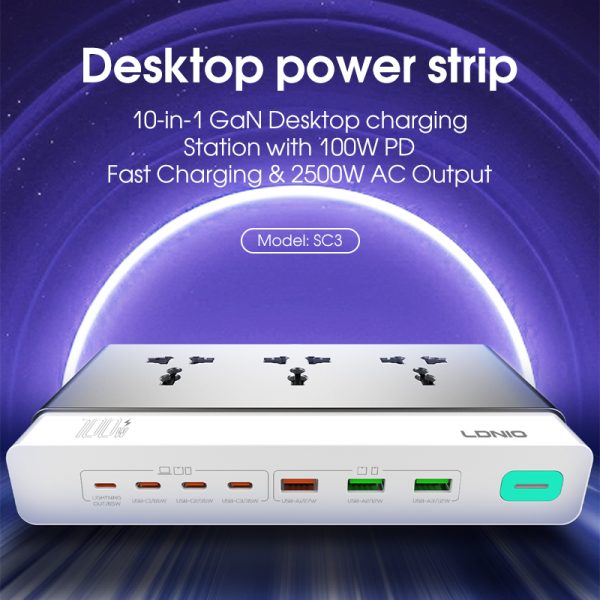 LDNIO 65W Fast Charging Extension Socket with 3 Universal AC Outlets, 5 USB Charging Ports & 2M Cable – UK Plug
