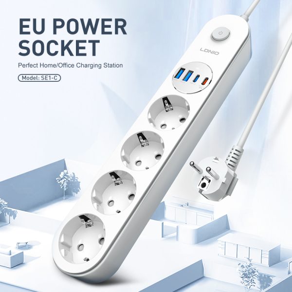 LDNIO 8-in-1 Extension Socket with 4 AC Outlets, 2 USB & 2 Type-C Ports, 2500W, 2M Cable – EU Plug
