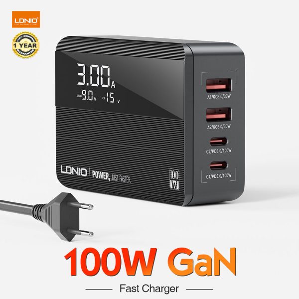 LDNIO 100W GaN Super Fast Charger with 2 Type-C, 2 USB Ports & LED Power Display