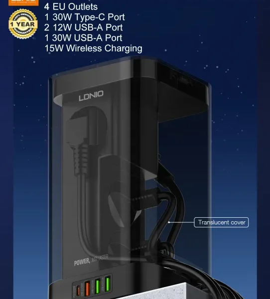 LDNIO Tower Extension Power Socket with 4 EU Outlets, USB-C & USB Ports, 15W Wireless Charging