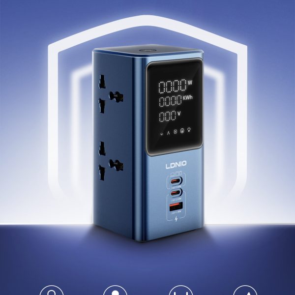 LDNIO Smart Extension Socket with 4 Universal AC Outlets, 45W USB-C Fast Charging, 24-Hour Timer & LED Power Display, 2M Cord – EU Plug