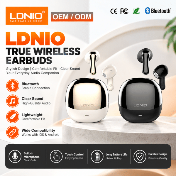 LDNIO Wireless Earbuds, Bluetooth 6.0 Earphone, Headset with 7H Music Playback Time, HI-FI Music Quality (Black/White)