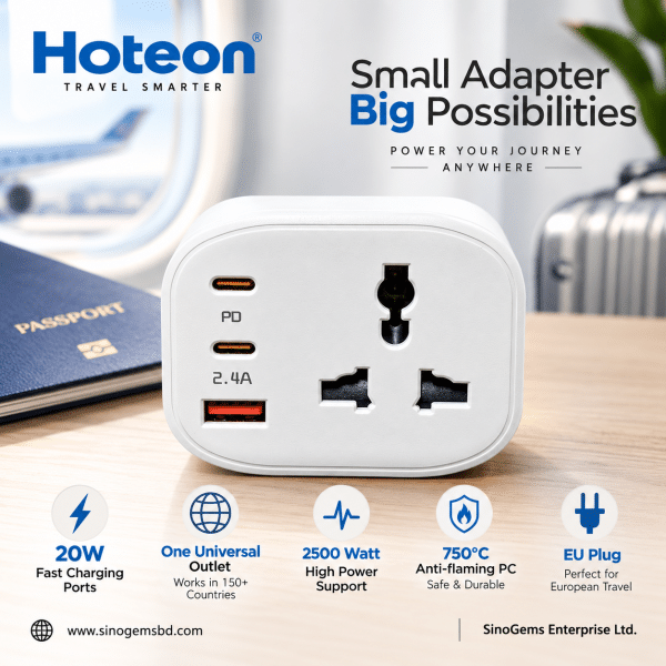 Hoteon Universal Travel Adapter with 20W Type-C & 12W USB, 2500W 10A – EU Plug