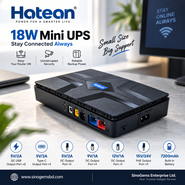 Hoteon 18W Mini UPS 7200mAh for Router & ONU | 5V/9V/12V DC, 15V/24V PoE, Type-C & USB