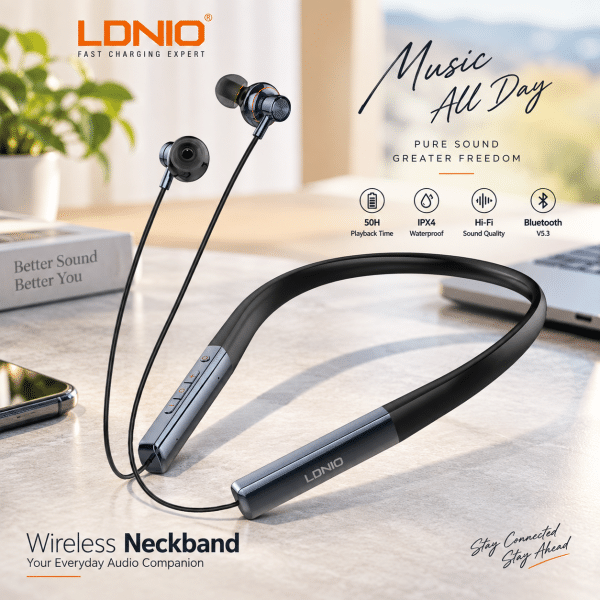 LDNIO Wireless Neckband Bluetooth 5.3 Headphone with LED Display, 50H Playback & IPX4 Waterproof