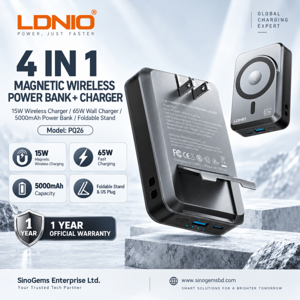 LDNIO 5000mAh Magnetic Wireless Power Bank with 65W Type-C Fast Charging, 20W USB, Foldable US Plug & Stand