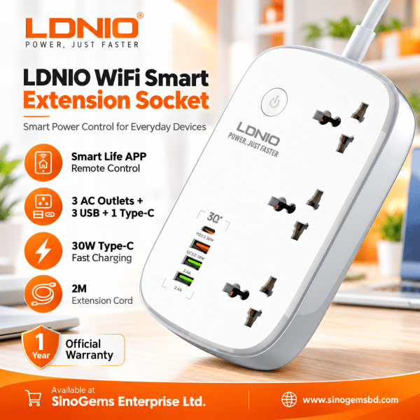 LDNIO WiFi Smart Extension Socket, Remote Control by Smart Life APP, 3 AC Outlets, 3 USB 1 Type-C Ports, 6.6 Ft(2M) Extension Cord-EU Plug