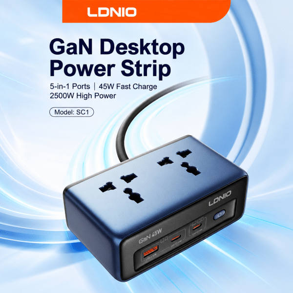 LDNIO 45W Fast Charging Extension Socket with 2 AC Outlets, 1 USB & 2 Type-C Ports, 2M Cord – EU Plug
