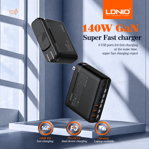 LDNIO 140W GaN Super Fast Charger with US/EU/UK Plug, 3 Type-C + 3 USB Ports & LED Power Display