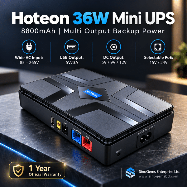 Hoteon 36W Mini UPS 8800mAh, 5V/9V/12V DC Output, 15V/24V PoE, USB & Type-C – Router & ONU Backup Power Supply