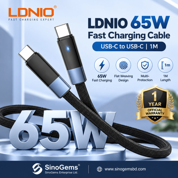 LDNIO 65W Fast Charging Type-C to Type-C Braided Cable, Flat Weaving Design with Multi-Protection – 1M