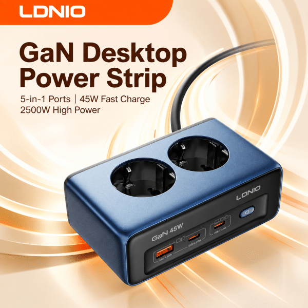 LDNIO 45W Fast Charging Extension Socket with 2 EU AC Outlets, 1 USB-A & 2 USB-C Ports, 2M Cable – EU Plug