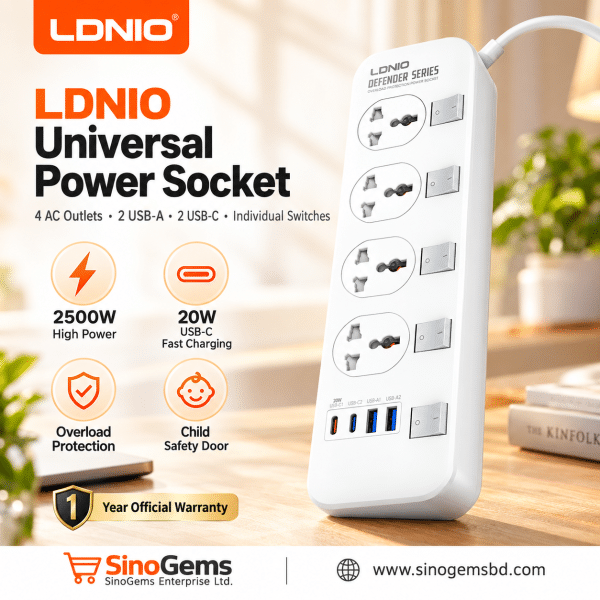 LDNIO Extension Socket with 4 Universal AC Outlets, Individual Switches, 20W USB-C Fast Charging, 2 USB-A + 2 USB-C Ports, 2M Cable – UK Plug