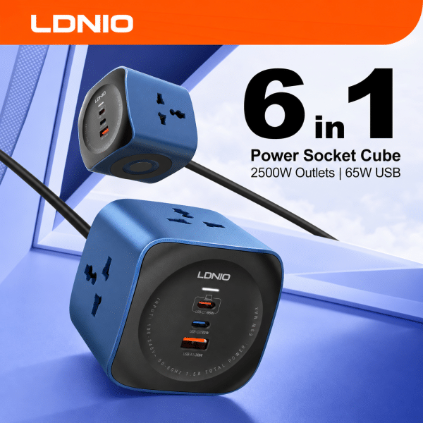 LDNIO 65W Fast Charging Extension Socket with 3 AC Outlets, 2 USB & 2 Type-C Ports, 2M Cord – EU Plug