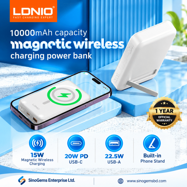 LDNIO 10000mAh Magnetic Wireless Power Bank with 15W Wireless Charging, 20W PD USB-C, 22.5W USB-A & Built-in Phone Stand