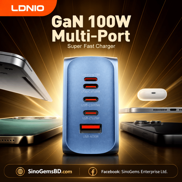 LDNIO 100W 5-Port Fast Charger with 3 USB-C, USB-A & Lightning Port, USB-C to USB-C Cable – US Plug